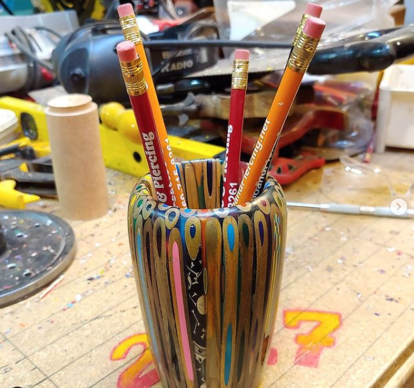 Pencils carved into a cup - now holding Pencils with Epoxy Resin